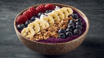 Vibrant Brazilian acai bowl topped with fruits and granola: A colorful acai bowl filled with a deep purple smoothie base, topped with fresh berries, banana slices, granola, and coconut flakes, served