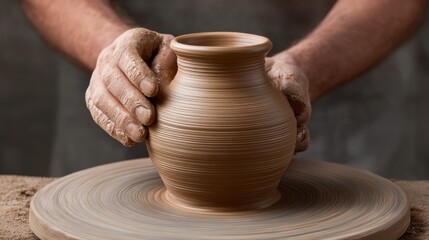 Craftsmanship in Action: Artisan Shaping Clay Pottery Piece on Wheel with Hands Covered in Natural Earthy Tones for Traditional Craft Display