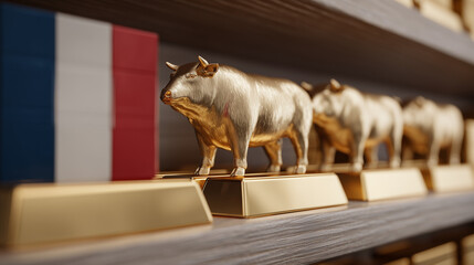 Golden bullions on the shelves with flag of France. Gold reserves concept