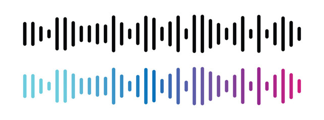Podcast sound wave patterns with gradient waveform for audio broadcasting and streaming. Vibrant frequency bars from yellow through pink to purple display rhythm dynamics for media players in eps 10.