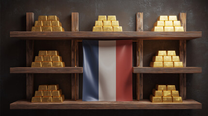 Golden bullions on the shelves with flag of France. Gold reserves concept