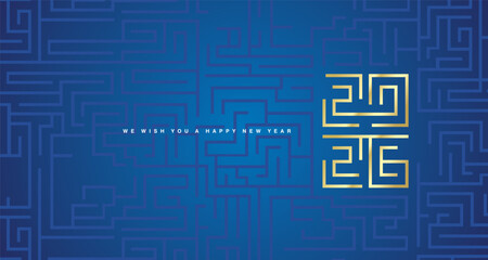Happy New Year 2026 white blue cyberspace high tech typography greek mystic meander ornament labyrinth abstract pattern blue background