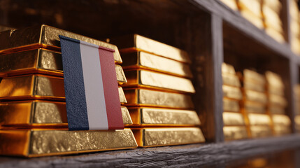 Golden bullions on the shelves with flag of France. Gold reserves concept