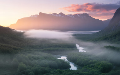 Serene Mountain Landscape at Dawn Misty Peaks and Tranquil Valleys