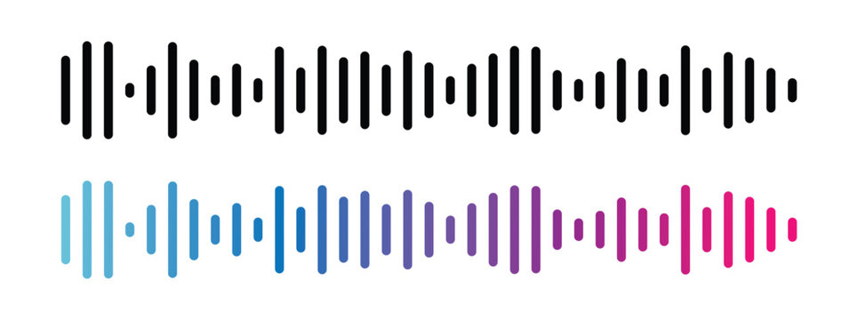 Gradient podcast sound wave visualization with blue purple pink frequency bars for audio interfaces. Dynamic waveform patterns for music streaming apps, recording software or media players in eps 10.