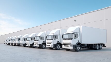 Row of Blank Delivery Trucks Parked in Front of Modern Warehouse with Clear Sky and Neutral Background Ideal for Logistics and Transportation Concepts