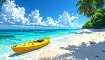 Sunny tropical beach scene with a yellow kayak
