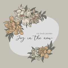 Oval frame with peonies. Floral illustration with soft beige and cream tones.