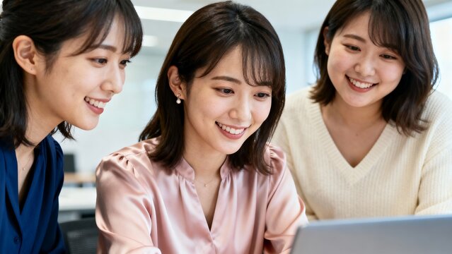 パソコン画面を覗き込む3人の若い女性