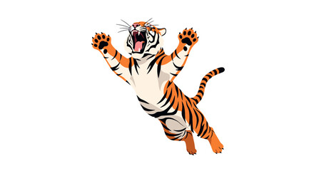 A fierce tiger leaps with open mouth and extended claws ready to attack.