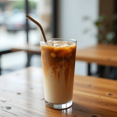 Glass of iced coffee with metal straw on wooden table, minimal cafe style, refreshing summer drink concept
