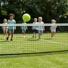 a children's tennis class or camp. Several young children are standing near a tennis net, practicing their strokes. A tennis ball is in mid-air, indicating an ongoing drill. The scene is bright and li