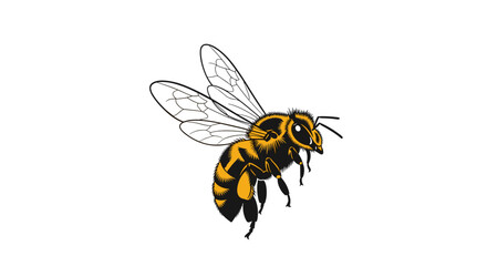 A detailed illustration of a bee in flight with its wings outstretched and body clearly visible.