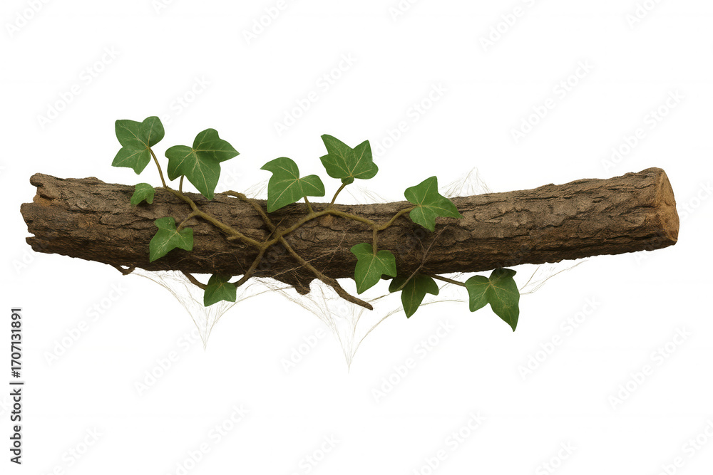 Poster fallen tree branch with ivy growing on it and spiderwebs hanging down, isolated on transparent backg