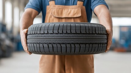 Person Holding New Car Tire in Workshop Environment with Industrial Background for Automotive Industry Promotion and Vehicle Maintenance Projects