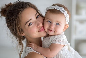 a happy young mother holding her baby girl in a white onesie and headband, kissing the child's face, wearing modern home , with a minimalistic interior background of white walls