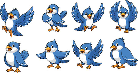 Cute Cartoon Bluebirds in Various Poses, Happy Blue Bird Characters for Animation, Children’s Book, or Educational Illustrations, Isolated on White