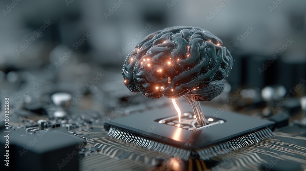 Poster conceptual image of artificial intelligence represented by a brain on a circuit board