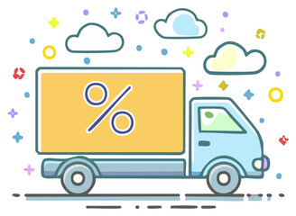 Delivery truck carrying a percentage sign with clouds and stars, vector illustration