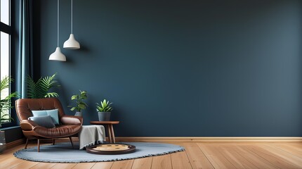 Obraz premium Modern living room interior with dark blue walls large windows and wooden flooring