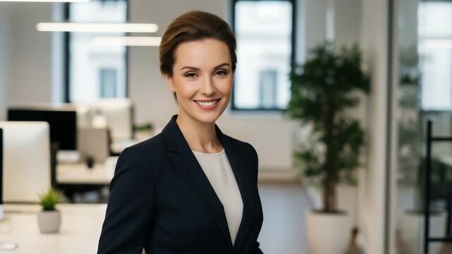 Smiling businesswoman in office setting portrait video, ai generated