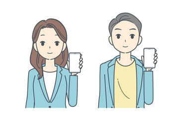 スマートフォンを見せるジャケットを着た男性と女性のイラスト