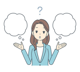 疑問符と共に考え込むジャケットを着た男性と女性のイラスト