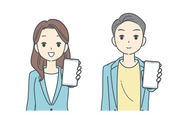 スマートフォンを前に突き出して指して見せるジャケットを着た男性と女性のイラスト