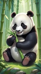 Watercolor panda eating bamboo - Cartoon style animal