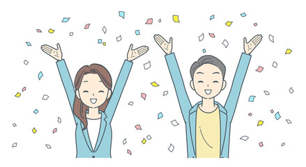 紙吹雪と共に喜ぶジャケットを着た男性と女性のイラスト 2人 上半身