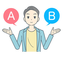 AとBの選択肢を選ぶジャケットを着た男性のイラスト
