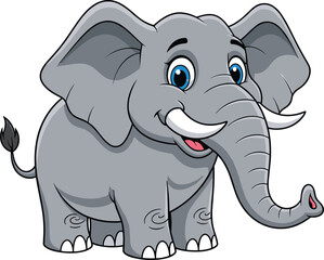 Cute cartoon elephant with big blue eyes, happy smile, large ears, tusks and trunk, isolated on white background, perfect for children’s content.