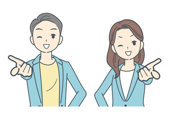 笑顔で前を指さすジャケットを着た男性と女性のイラスト