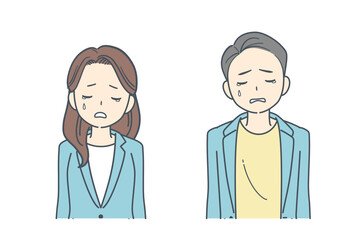 悲しそうに俯くジャケットを着た男性と女性のイラスト