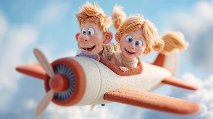 Obraz premium A Joyful Cartoon Couple on an Adventure in a Toy Airplane