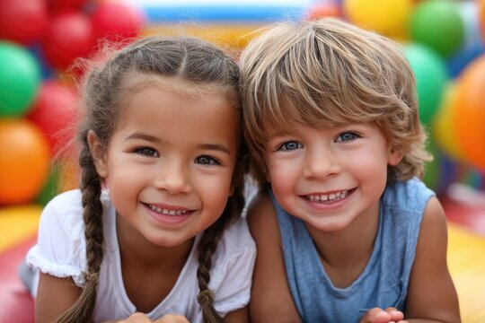 happy children playing on an inflatable bouncy castle at the school fair, with a colorful and lively atmosphere