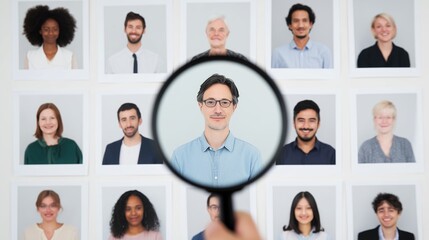 A recruiter selects a proper candidate for a vacant position. HR manager highlights a middle-aged man with grey hair distinguishing him among diverse applicants