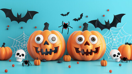 Cute Halloween pumpkins with googly eyes and spiders on blue background