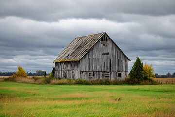 Weathered wooden barn standing proudly in a lush green field under a dramatic, cloudy sky in rural landscape