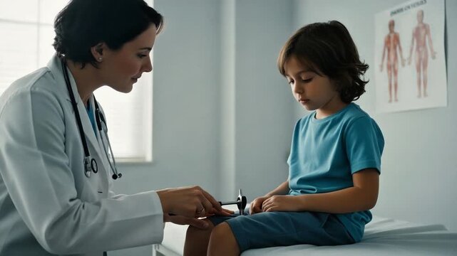 Pediatric doctor examining child's reflexes with reflex hammer in office