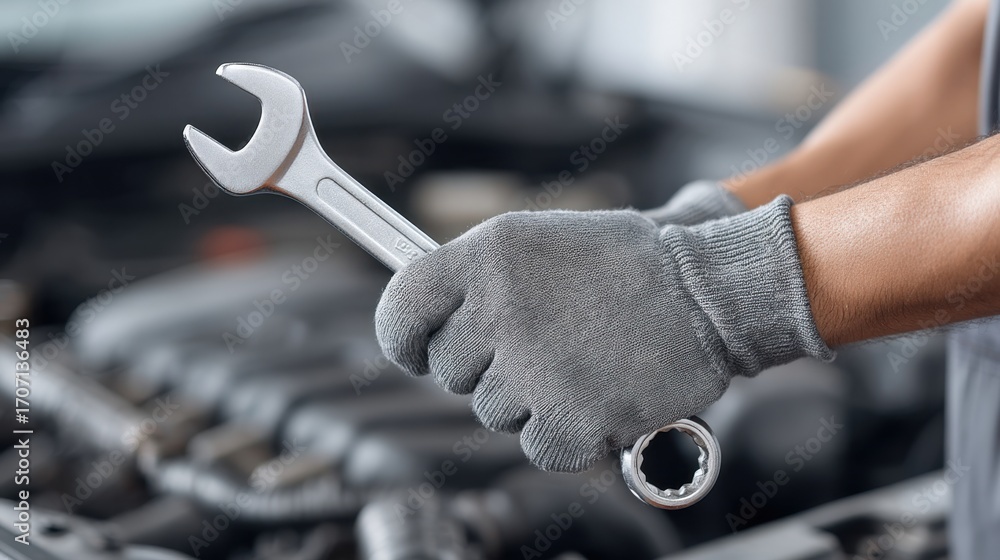Poster close-up of hands holding a wrench in gray gloves with engine parts in background in automotive work