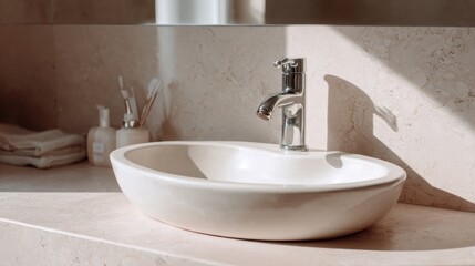 Fototapeta premium Elegant Bathroom Sink Design with Natural Light and Modern Accessories