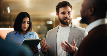 Business, man and meeting with staff in office for discussion planning and finance briefing. Smile,...