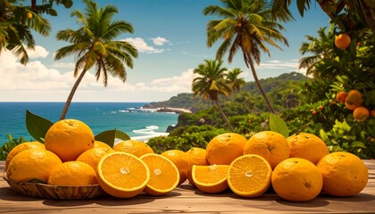 Fresh oranges on a wooden table with a tropical beach scene
