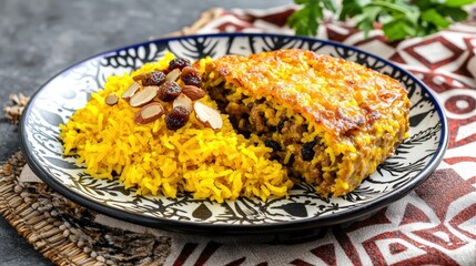 Decorate a vibrant South African bobotie served with yellow rice: A colorful plate featuring golden yellow turmeric rice paired with a slice of rich and savory South African bobotie, garnished with