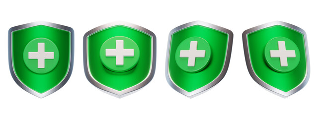 3D Green Shield with Medical Cross. Protection and Security Icon Set