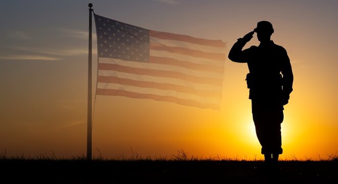 Military silhouette saluting American flag at sunset - Powered by Adobe