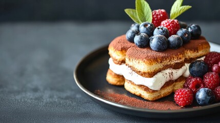 A beautifully plated dessert inspired by Italian tiramisu: A stylish presentation of classic Italian tiramisu, with delicate layers of coffee-soaked ladyfingers and mascarpone, dusted with cocoa
