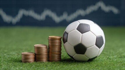 Concept of sports investment and financial growth featuring a soccer ball next to stacks of coins on green grass with a background chart showing progress