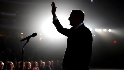 Leader addressing crowd with stage light.